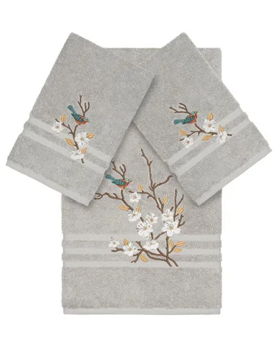 Linum Home Textiles Turkish Cotton Spring Time 3pc Embellished Bath & Hand Towel Set In Grey