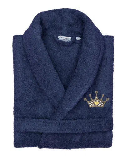 Linum Home Textiles Turkish Cotton Terry Bath Robe Embroidered With Cheetah Crown Design In Blue