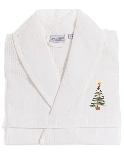 Linum Home Textiles Waffle Weave Embroidered Holiday Bath Robe In White