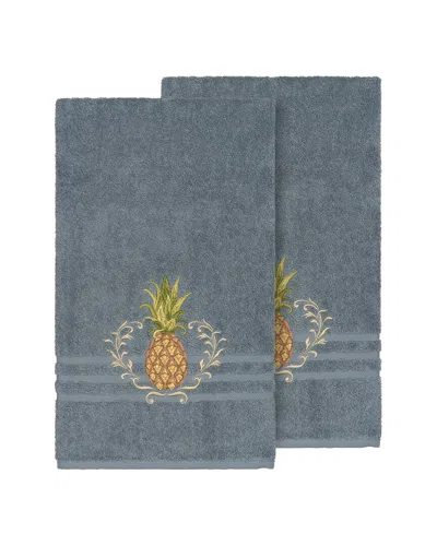 Linum Home Textiles Welcome Turkish Cotton 2pc Embellished Bath Towel Set In Blue