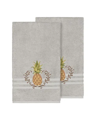 Linum Home Textiles Welcome Turkish Cotton 2pc Embellished Bath Towel Set In Gray