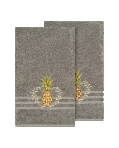 Linum Home Textiles Welcome Turkish Cotton 2pc Embellished Bath Towel Set In Gray