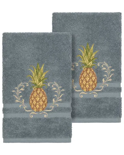 Linum Home Textiles Welcome Turkish Cotton 2pc Embellished Hand Towel Set In Blue