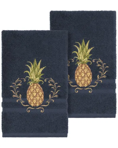 Linum Home Textiles Welcome Turkish Cotton 2pc Embellished Hand Towel Set In Blue