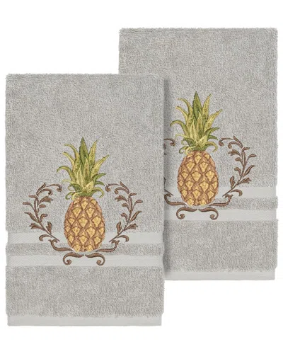 Linum Home Textiles Welcome Turkish Cotton 2pc Embellished Hand Towel Set In Gray