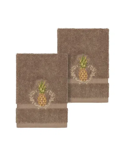 Linum Home Textiles Welcome Turkish Cotton 2pc Embellished Washcloth Set In Brown