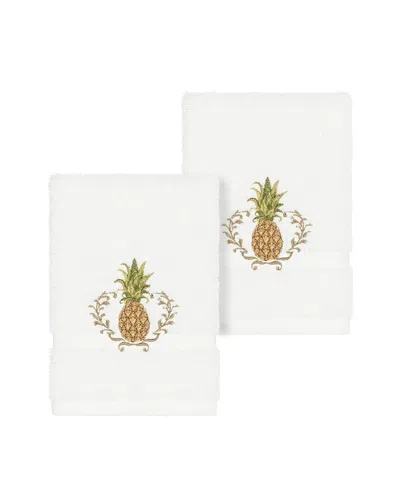 Linum Home Textiles Welcome Turkish Cotton 2pc Embellished Washcloth Set In Blue