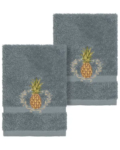 Linum Home Textiles Welcome Turkish Cotton 2pc Embellished Washcloth Set In Gray