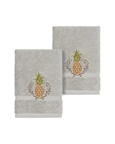 Linum Home Textiles Welcome Turkish Cotton 2pc Embellished Washcloth Set In Gray