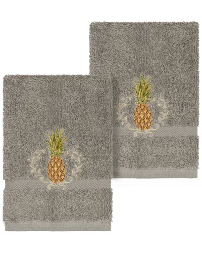 Linum Home Textiles Welcome Turkish Cotton 2pc Embellished Washcloth Set In Gray
