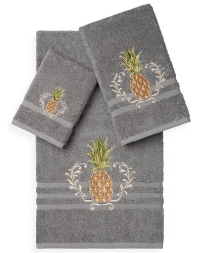 Linum Home Textiles Welcome Turkish Cotton 3pc Embellished Towel Set In Gray
