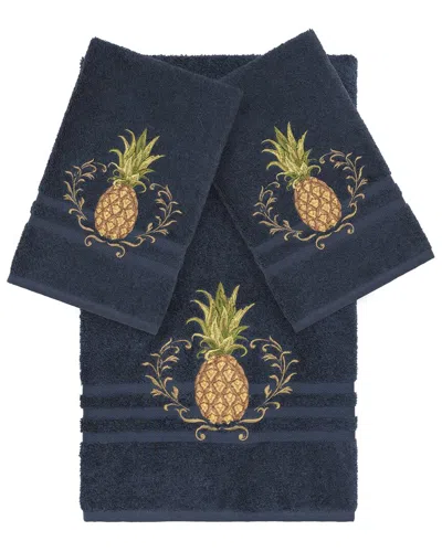 Linum Home Textiles Welcome Turkish Cotton 3pc Embellished Towel Set In Blue