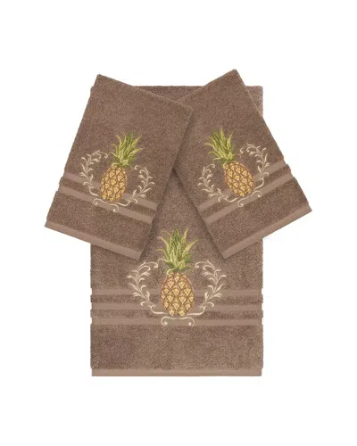 Linum Home Textiles Welcome Turkish Cotton 3pc Embellished Towel Set In Brown