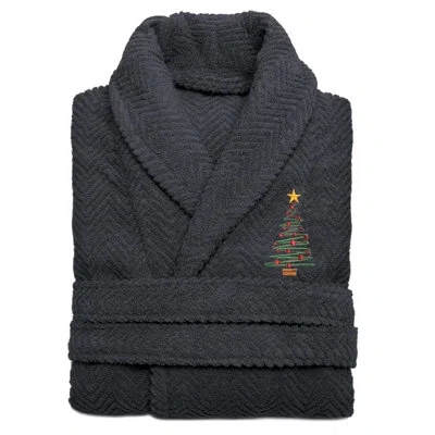 Linum Home Textiles X'mas Tree Embroidered Weave 100% Turkish Cotton Terry Cloth Bathrobe In Dark Gray
