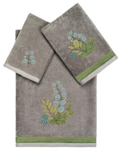 Linum Home Textiles Turkish Cotton Botanica Embellished Towel Set, 3 Piece In Charcoal