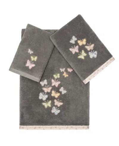 Linum Home Textiles Turkish Cotton Mariposa Embellished Towel Set, 3 Piece In Charcoal