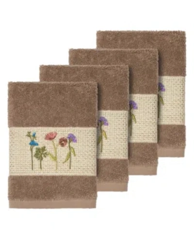 Linum Home Turkish Cotton Serenity 4-pc. Embellished Washcloth Set Bedding In Latte