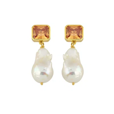 Linya Jewellery Women's Brown Champagne Crystal Stone Baroque Pearl Dangle Earrings