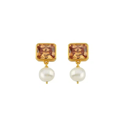 Linya Jewellery Women's Brown Champagne Small Pearl Crystal Stone Earring In Gold