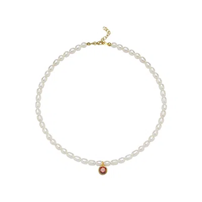 Linya Jewellery Women's Cosmic Big Pearl Zodiac Necklace Red Birthtone