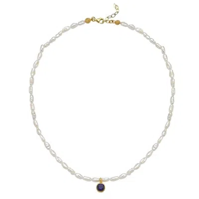 Linya Jewellery Women's Cosmic Small Pearl Zodiac Necklace Navy Blue Birthstone