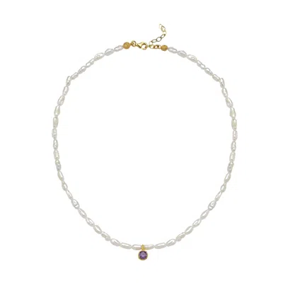 Linya Jewellery Women's Cosmic Small Pearl Zodiac Necklace Purple Birthstone