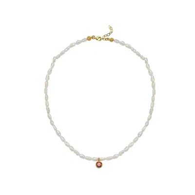Linya Jewellery Women's Cosmic Small Pearl Zodiac Necklace Red Birthstone