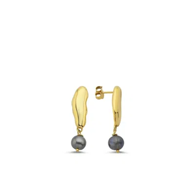 Linya Jewellery Women's Gera Black Pearl Dangle Earrings Gold