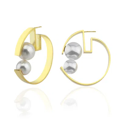 Linya Jewellery Women's Gold Geometric Hoop Pearl Earrings