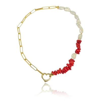 Linya Jewellery Women's Gold Love Chain Coral Pearl Necklace