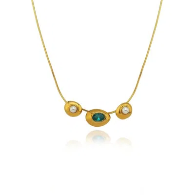 Linya Jewellery Women's Gold Luna Green Stone Pearl Necklace