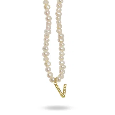 Linya Jewellery Women's Gold Mono Letter Pearl Necklace V