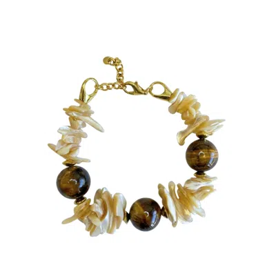 Linya Jewellery Women's Gold Mother Of Pearl Tiger Eye Natural Stone Bracelet