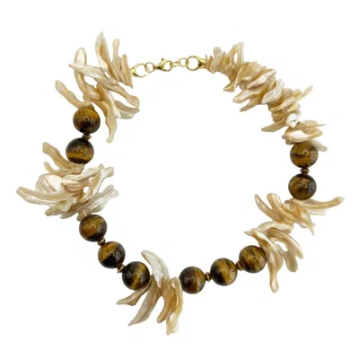Linya Jewellery Women's Gold Mother Of Pearl Tiger Eye Natural Stone Necklace