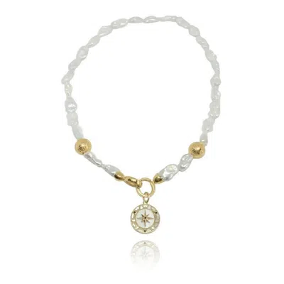 Linya Jewellery Women's Gold North Star Medallion Pearl Necklace