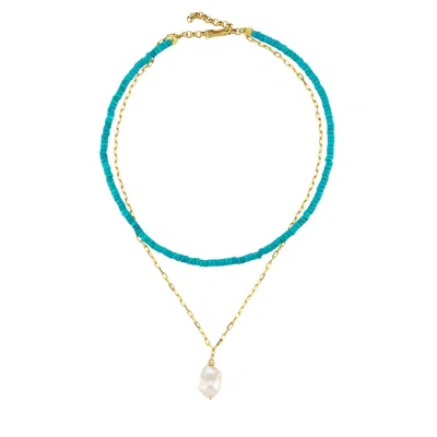 Linya Jewellery Women's Gold Pearl Turquoise Stone Double Chain Necklace