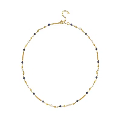 Linya Jewellery Women's Gold Pearly Blue Lapis Stone Chain Necklace