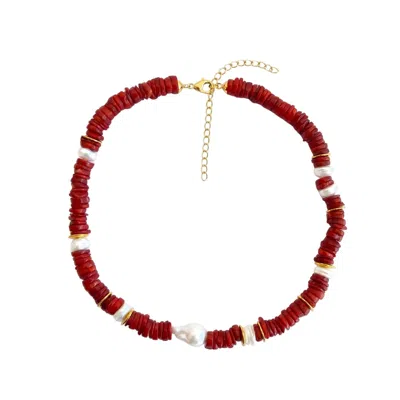 Linya Jewellery Women's Gold / Red Baroque Pearl Cylinder Red Coral Natural Stone Necklace In Burgundy