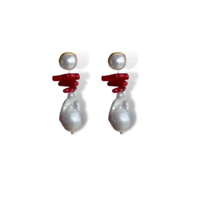 Linya Jewellery Women's Gold Red Coral Baroque Pearl Earrings