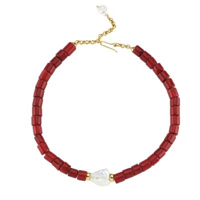 Linya Jewellery Women's Gold / Red Harmonia Baroque Pearl Red Coral Necklace