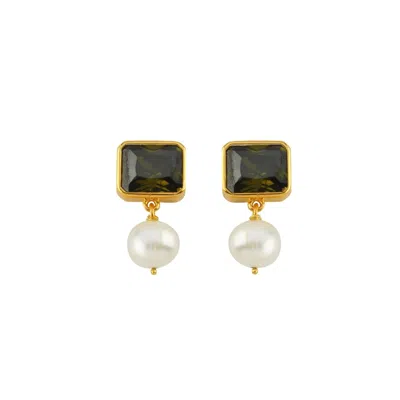 Linya Jewellery Women's Green Small Pearl Crystal Stone Earring In Gold