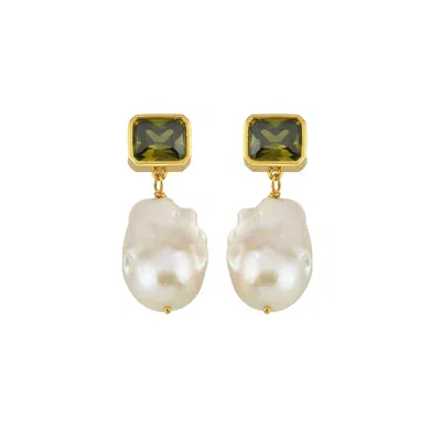 Linya Jewellery Women's Khaki Green Crystal Stone Baroque Pearl Dangle Earrings