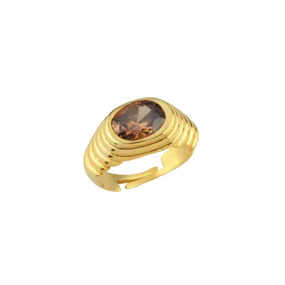 Linya Jewellery Women's Lyra Oval Brown Crystal Stone Little Finger Knight Ring Gold