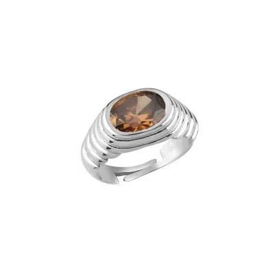 Linya Jewellery Women's Lyra Oval Brown Crystal Stone Little Finger Knight Ring Silver