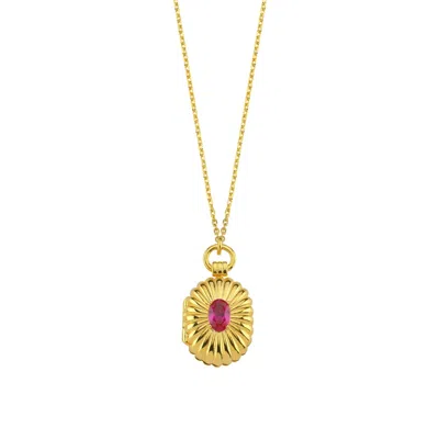 Linya Jewellery Women's Mini Claret Red Stone Covered Medallion Locket Necklace Gold