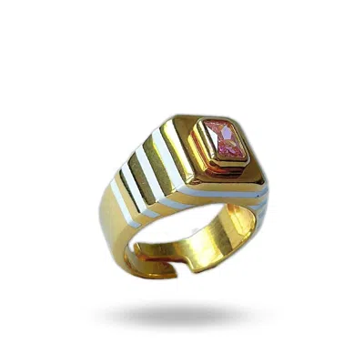 Linya Jewellery Women's Octagon Pink Stone Enamel Signet Ring