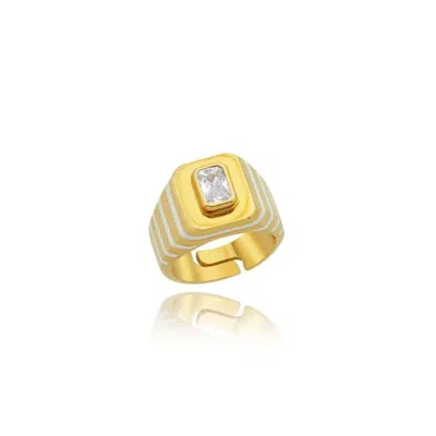Linya Jewellery Women's Octagon White Stone Enamel Signet Ring