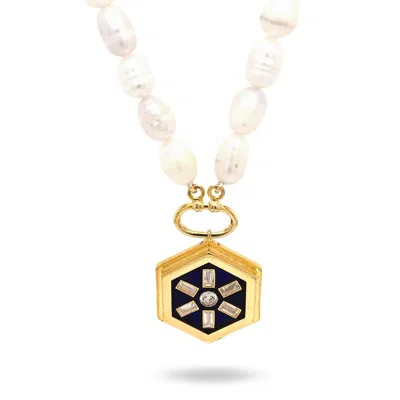 Linya Jewellery Women's Pearl Navy Blue Enamel Baguette Stone Medallion Necklace