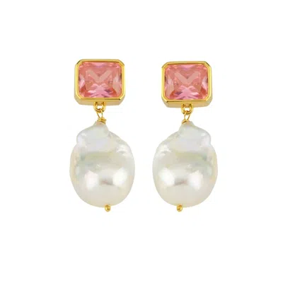 Linya Jewellery Women's Pink Crystal Stone Baroque Pearl Dangle Earrings