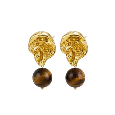 Linya Jewellery Women's Tigris Dangling Amorphous Tiger Eye Silver & Gold Plated Earrings, Natural Stone Earring